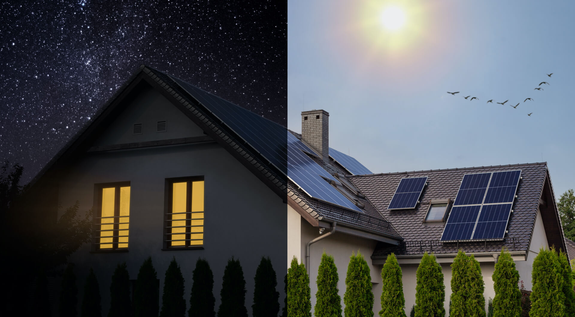 Foto de noche y de día de exterior de casa con paneles solares